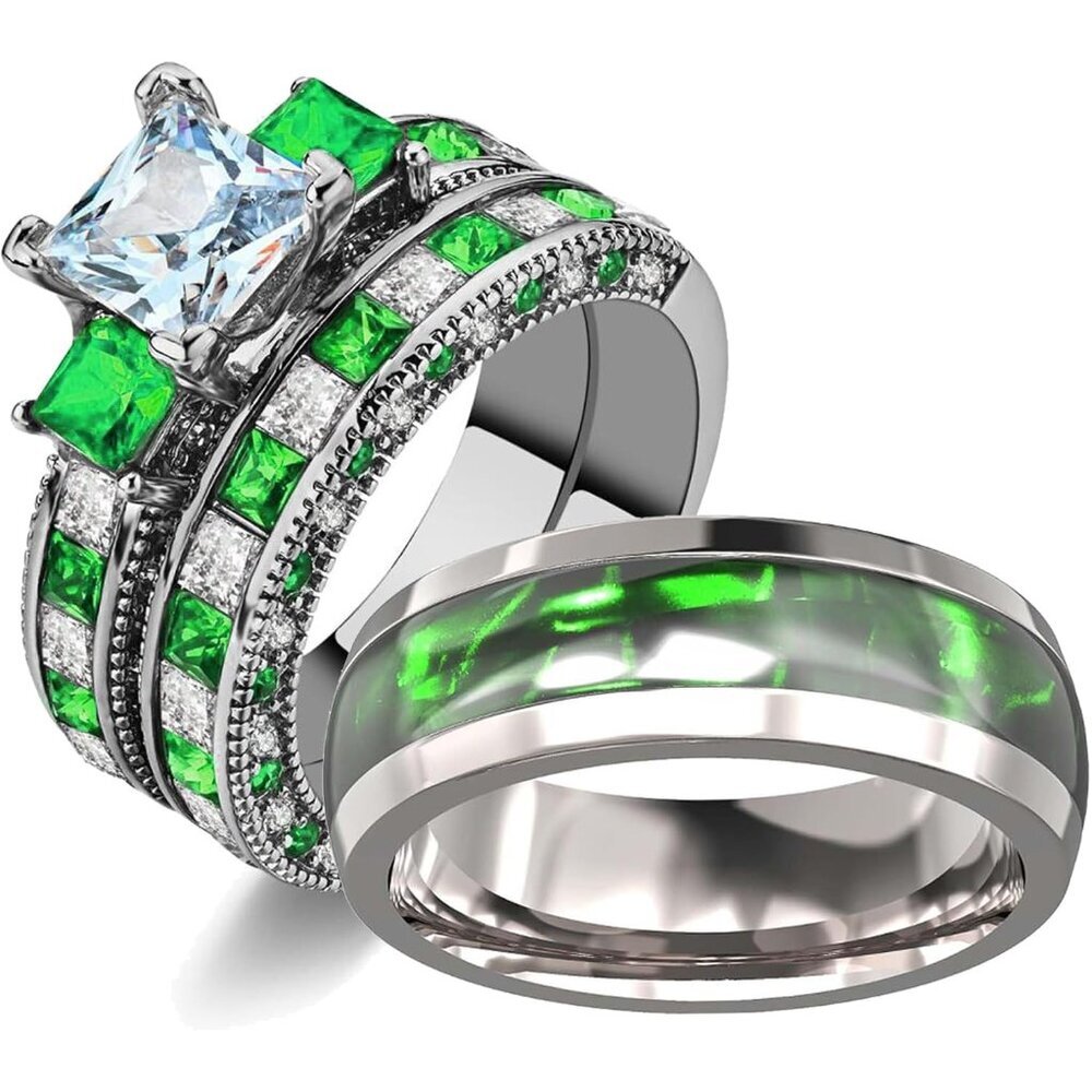 Matching Black & White Couple Wedding Ring Sets, 1.5CT AAA CZ, Titanium